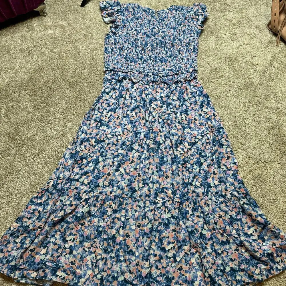 Shoshanna Wo Parker Smocked Dress in Periwinkle Blue Multi MIDI MSRP $418 - Picture 7 of 8